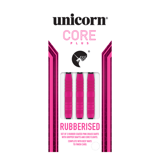 Unicorn Core Plus Rubberised Pink Softdarts - 19g Das Bild zeigt eine Packung der "Unicorn Core Plus Rubberised Pink Softdarts - 19g". In der Verpackung befinden sich drei pinke, gummierte Softdarts.