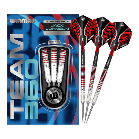 Das Bild zeigt das komplette Set der Winmau Team 360 Jack Johnson Steeldarts mit 24g. Die Steeldarts sind für präzises Werfen entwickelt.