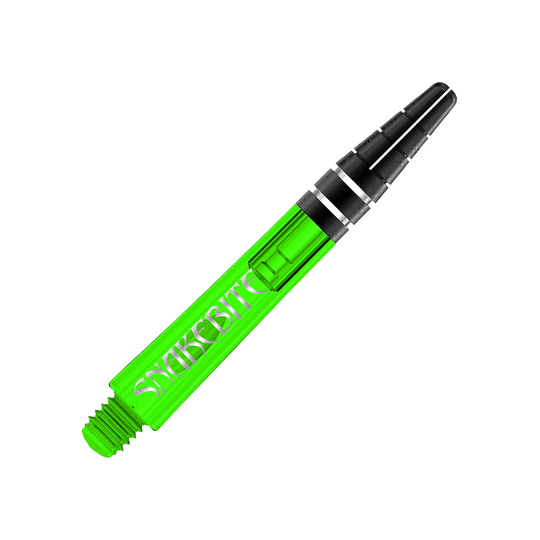 C644_Red_Dragon_Nitrotech_Peter_Wright_Green_Shafts_36mm_2 Das Bild zeigt einen grünen Dartshaft mit der Aufschrift "Snakebite." Es handelt sich um den "Red Dragon Nitrotech Peter Wright Shaft" in der Farbe Grün.