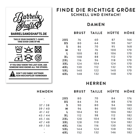 Das Bild zeigt eine Größentabelle für das Produkt „Barrels and Shafts Poloshirt – Schwarz“ für Damen und Herren. Links sind Pflegehinweise für das T-Shirt abgebildet.