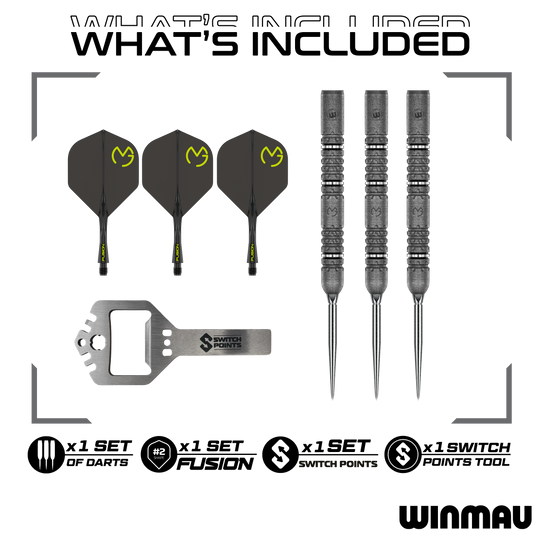 Das Produkt ist die Winmau MvG Signature Edition Switch Points Steeldarts. Diese Steeldarts sind für Präzision und Qualität bekannt.