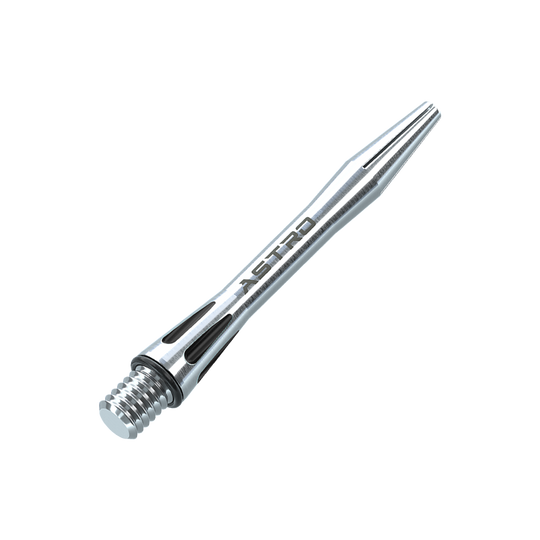 7012-101_Winmau_Astro_Aluminium_Shafts_Schwarz_35mm_2 Das Bild zeigt einen silbernen Winmau Astro Aluminium Schaft für Dartpfeile. Der Schaft ist schlank designt und trägt die Aufschrift "ASTRO".