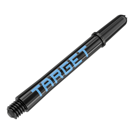 Target Pro Grip TAG Shafts - 3 Sets - Black Blue Das Bild zeigt einen schwarzen Dart-Schaft mit blauer Schrift, auf dem "TARGET" steht. Der Schaft hat ein Gewinde am Ende zur Befestigung am Dartpfeil.