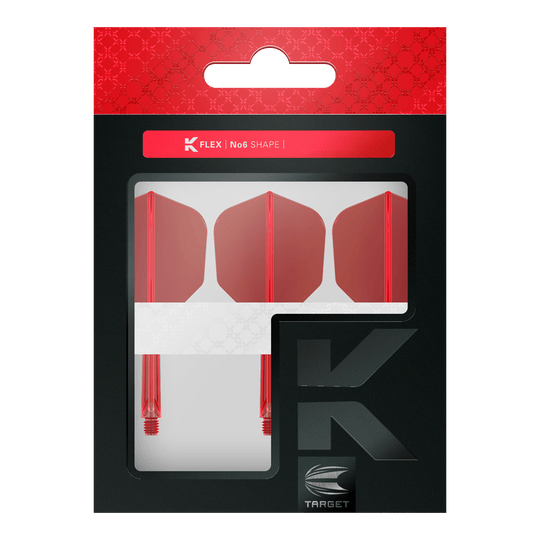 Target K-Flex No6 Flight System - Red Das Bild zeigt eine Verpackung mit drei roten Dartflights und Schäften. Die Marke "Target" und die Produktbezeichnung "K-Flex No6 Shape" sind auf der Verpackung sichtbar.