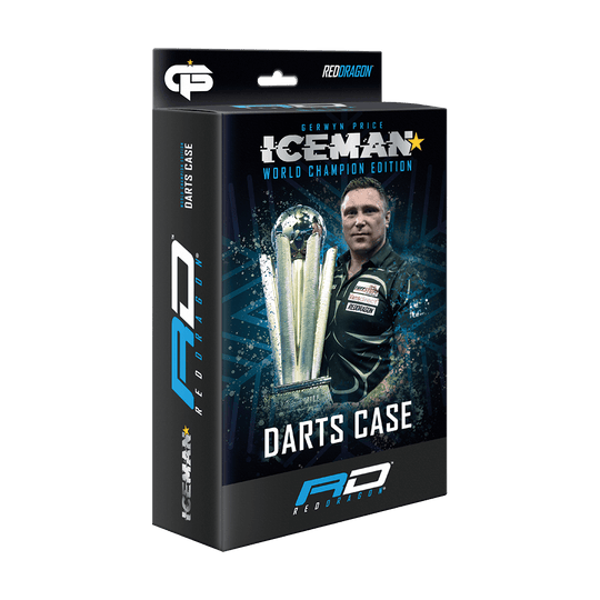 Die Verpackung zeigt das Produkt "Red Dragon Gerwyn Price World Champion Dartcase". Auf der Vorderseite sind ein Dartspieler, eine Trophäe und der Schriftzug "Darts Case" abgebildet.