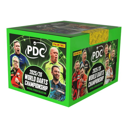 Dies ist die Panini PDC World Darts Championship 2025/26 Stickerbox mit 65 Tüten. Die Box ist für das Sammeln von Stickern zur Darts-Weltmeisterschaft geeignet.
