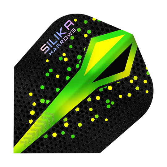 Das Bild zeigt ein Dart-Flügel von Harrows mit dem Namen "Silika Colourshift Tough Crystalline Coating Green No6". Das Design ist schwarz mit grünen und gelben Akzenten sowie einem auffälligen grünen Muster in der Mitte.
