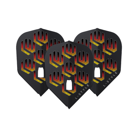 Das Bild zeigt drei schwarze Dart-Flights mit einem auffälligen roten und gelben Muster. Auf jedem Flight steht unten rechts das Wort "L-STYLE".
