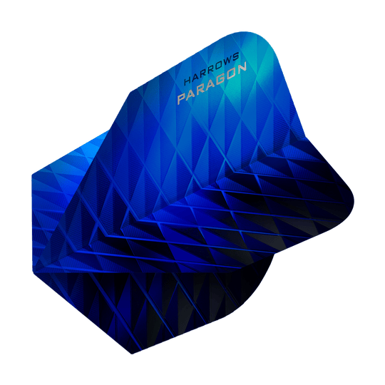 HR7601_Harrows_Paragon_Blue_No2_Standard_Flights_2 Das Bild zeigt die Harrows Paragon Blue No2 Standard Flights für Darts. Die Flights haben ein markantes, blaues geometrisches Design.