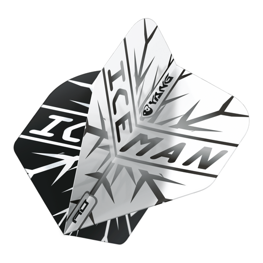 Red Dragon Gerwyn Price Iceman Black White Yin Yang Standard Flights Das Bild zeigt zwei Dartflights in Schwarz und Weiß mit dem Schriftzug "ICEMAN" und einem auffälligen Eismuster. Auf den Flights ist zudem das Wort "Yin Yang" zu sehen.
