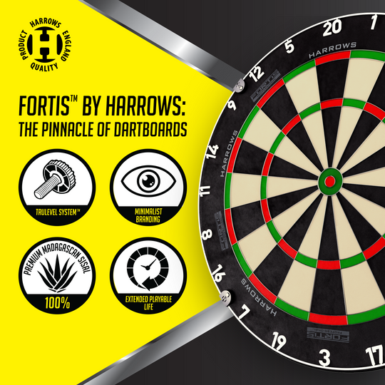 Harrows Fortis steel dartboard Das Foto zeigt ein Harrows Fortis Steeldartboard. Es ist für professionelle Dartspieler geeignet.