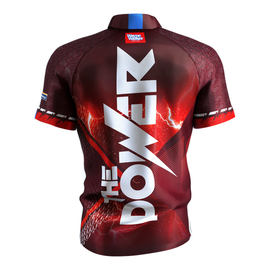 Target Coolplay Phil Taylor 2025 dart shirt Das Bild zeigt das "Target Coolplay Phil Taylor 2025 Dartshirt" von hinten. Auf dem Rücken steht in großen weißen Buchstaben "THE POWER".