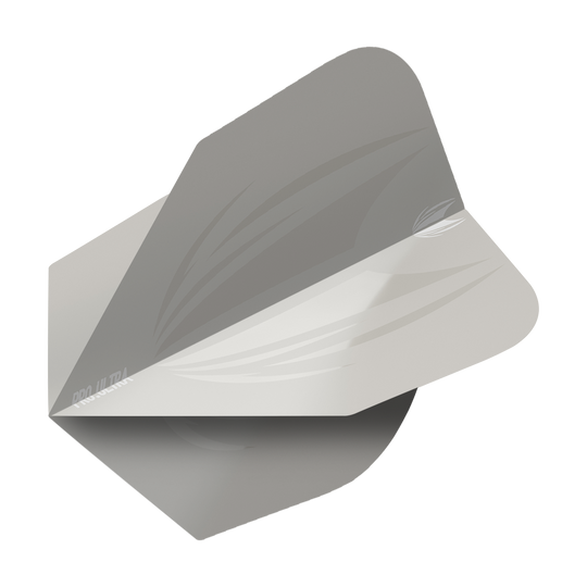 Dies ist ein grauer Dart-Flight der Marke Target ProUltra ID in der Größe Nr. 6. Das Design ist schlicht mit hellgrauen und weißen Akzenten.