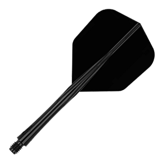 Caliburn SUP Lite No6 flight shaft system Das Bild zeigt einen schwarzen Dart-Schaft mit Flight. Der Dart-Schaft ist mittellang und komplett in schwarz gehalten.