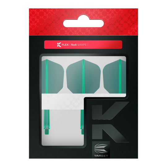 Das Bild zeigt eine Verpackung mit drei grünen Dartflügen und Schäften der Marke Target. Die Packung trägt die Aufschrift "K FLEX | No6 SHAPE".
