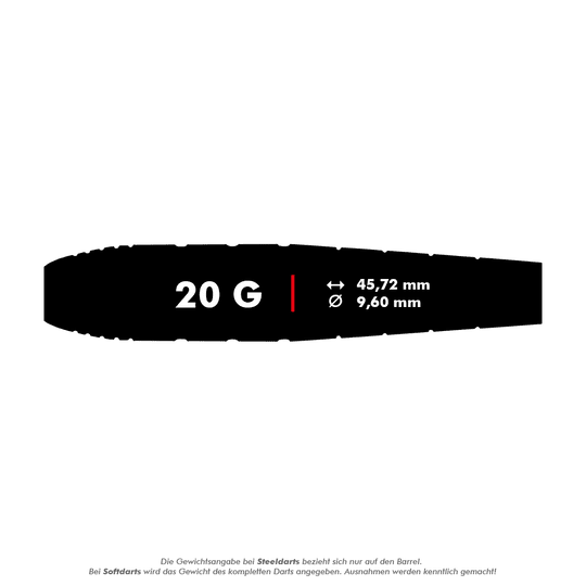 Red Dragon Luke Humphries World Champion Brass Softdarts - 20g Das Bild zeigt die Maße und das Gewicht des Produkts "Red Dragon Luke Humphries World Champion Brass Softdarts - 20g". Der Dart wiegt 20 Gramm, ist 45,72 mm lang und hat einen Durchmesser von 9,60 mm.
