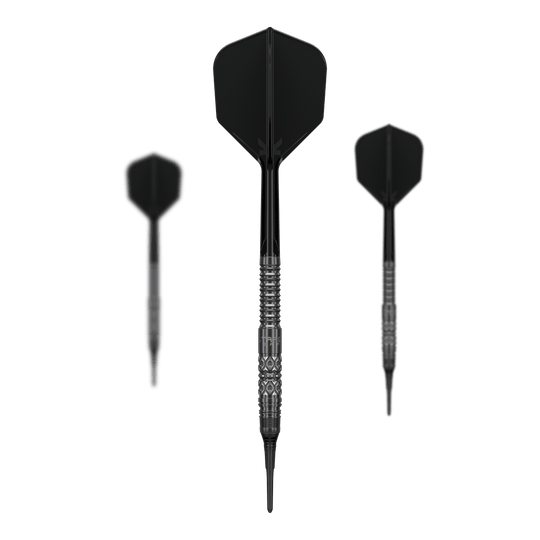 Dieses Bild zeigt das Set der Target Black Marque Creed Softdarts mit 21,5g. Mehrere Komponenten des Dartsets sind deutlich erkennbar.