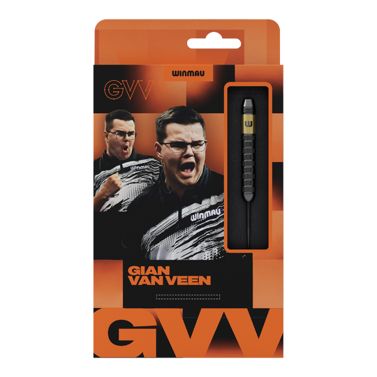 Winmau Gian Van Veen Core Brass Steeldarts - 21g Hier wird das Produkt Winmau Gian Van Veen Core Brass Steeldarts mit 21 Gramm gezeigt. Die Steeldarts liegen geordnet nebeneinander.