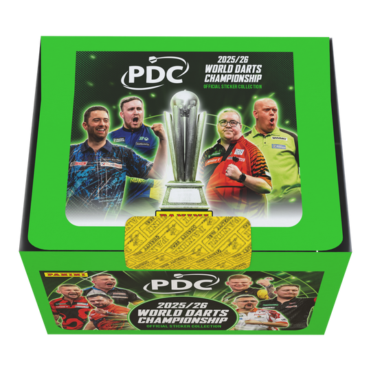 Panini PDC World Darts Championship 2025/26 - Sticker box with 65 packs Die Panini PDC World Darts Championship 2025/26 Stickerbox mit 65 Tüten ist zu sehen. Das Bild gibt einen Überblick über die Verpackung und den Inhalt der Box.