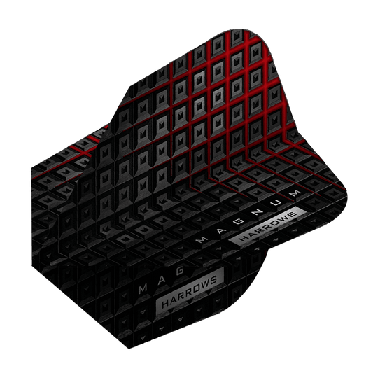 Das Bild zeigt das Produkt "Harrows Prime Magnum Reloaded Standard Flights". Das Design ist schwarz mit roten Akzenten und geometrischen Mustern.