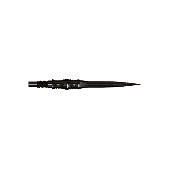 Apex Spire Black Elite Serie Dartspitzen in 30mm werden gezeigt. Die Spitzen sind dunkel und schmal.