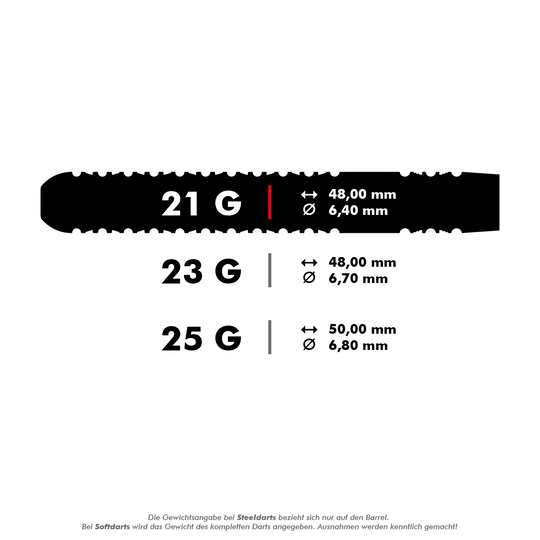 190095_Target_Rob_Cross_GEN2_Swiss_Point_Steeldarts_5_21g Das Bild zeigt die verschiedenen Gewichtsklassen und Maße der Target Rob Cross GEN2 Swiss Point Steeldarts. Es gibt Varianten mit 21 g (48,00 mm Länge, 6,40 mm Durchmesser), 23 g (48,00 mm, 6,70 mm) und 25 g (50,00 mm, 6,80 mm).