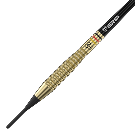 Bulls Martin Schindler The Wall Brass Softdarts - 18g Das Bild zeigt einen Bulls Martin Schindler The Wall Brass Softdart mit einem Gewicht von 18g. Der Dartpfeil hat einen goldfarbenen, geriffelten Messingkörper und eine schwarze Softspitze.