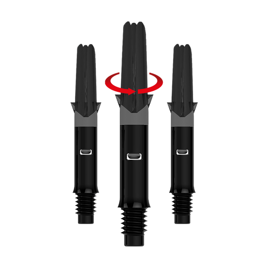 L-L-Style-Shafts Silent Straight - Black Auf dem Bild sind drei schwarze Dart-Schäfte ohne Kappen zu sehen. Der mittlere Schaft ist zudem mit einem roten Pfeil versehen, der eine Drehbewegung anzeigt.