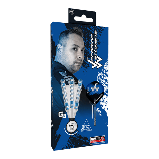 Die Verpackung zeigt die Bulls Jermaine Wattimena Generation 3 Steeldarts mit 90% Tungsten. Auf der Vorderseite ist ein Bild von Jermaine Wattimena und die drei Darts abgebildet.