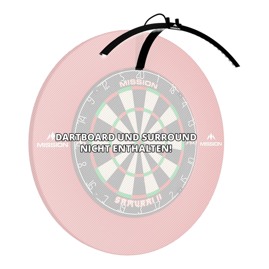 Mission Torus 100 Foldable LED Dartboard Lighting Das Bild zeigt die faltbare LED Dartboard Beleuchtung "Mission Torus 100", die über einem Dartboard platziert ist. Ein Hinweis weist darauf hin, dass das Dartboard und das Surround nicht enthalten sind.