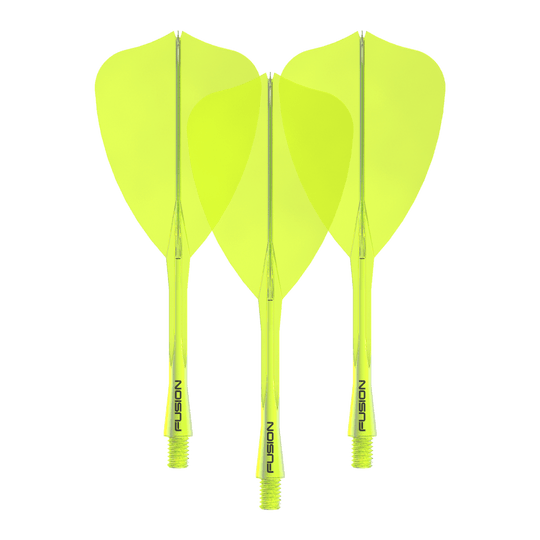 Winmau Fusion Flight Shaft System Arrow Neon Yellow Das Bild zeigt das Winmau Fusion Flight Shaft System Arrow Set in Neongelb mit einer Länge von 34 mm. Es handelt sich um ein Set für Dartpfeile.
