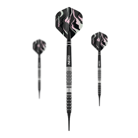 Red Dragon Paradym Tapered Soft Darts - 20g Das Bild zeigt drei Red Dragon Paradym Tapered Softdarts mit einem Gewicht von 20g. Die Flügel der Darts haben ein auffälliges schwarzes, pinkes und weißes Muster.