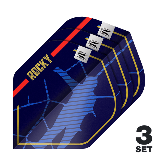 Das Bild zeigt drei Sätze dunkler Dartflights mit dem Schriftzug "ROCKY" und einem auffälligen blauen Muster. In der rechten unteren Ecke steht die Aufschrift "3 SET".