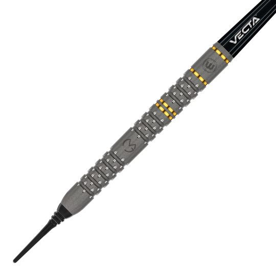 Winmau Michael Van Gerwen Evo-X soft darts - 20g Das Bild zeigt einen Winmau Michael Van Gerwen Evo-X Softdart mit einem Gewicht von 20 Gramm. Der Dart hat ein markantes Design mit silbernen und goldenen Akzenten sowie der Aufschrift "VECTA".