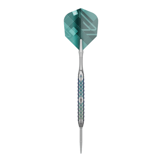 Target Rove 01 Swiss Point steel darts Das Bild zeigt den Target Rove 01 Swiss Point Steeldart. Der Dart hat ein silbernes Barrel mit einem blauen Muster und grüne Flights.