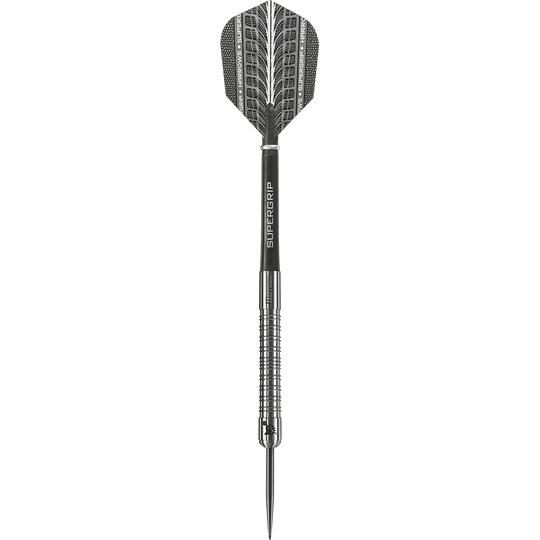 HA11650-Harrows-Supergrip-90-Tungsten-Steeldarts-1DPKYibhoAu83u Das Bild zeigt einen Harrows Supergrip 90% Tungsten Steeldart. Der Dartpfeil hat eine silberne Spitze, einen geriffelten Schaft und ein schwarzes Flight mit der Aufschrift "Supergrip".