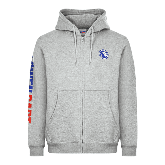Hier ist der Löwen Kollektion Zip-Hoodie abgebildet. Der Hoodie hat einen Reißverschluss und gehört zur Löwen Kollektion.