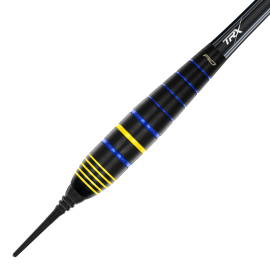 Das Bild zeigt den Red Dragon Luke Humphries World Champion Brass Softdart mit einem Gewicht von 20g. Der Dart ist schwarz mit blauen und gelben Rillen verziert.