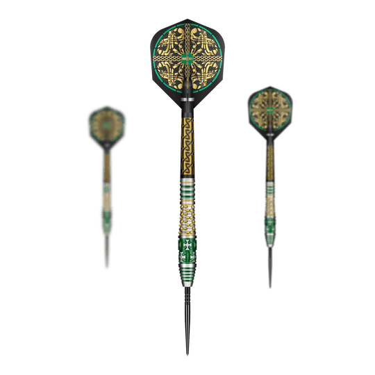 Shot Celt Cernunnos Turbo Point Steeldarts Das Bild zeigt ein Set Shot Celt Cernunnos TurboPoints Steeldarts. Die Darts sind mit Details verziert.