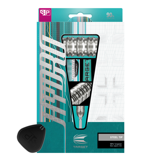 Target Hydro 02 Swiss Point steel darts Das Bild zeigt die Target Hydro 02 Swiss Point Steeldarts. Der Fokus liegt auf dem Design und der Verarbeitung der Darts.