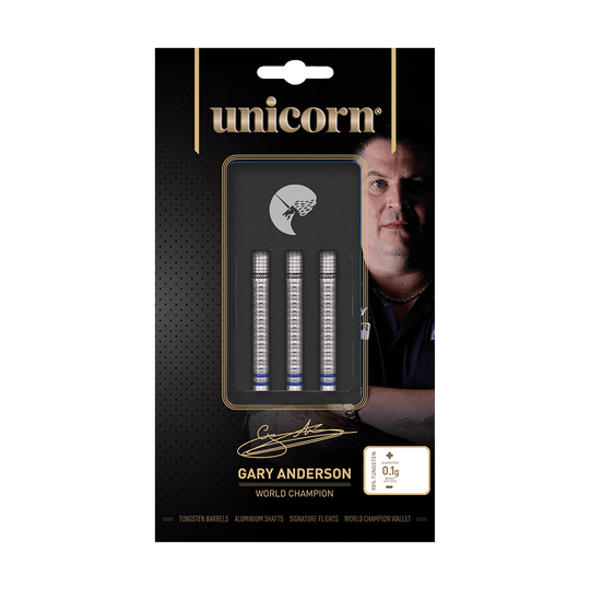 04188_Unicorn_World_Champion_Natural_Phase_3_Gary_Anderson_Softdarts_3_-4_Icon_Case Auf dem Bild ist das Produkt "Unicorn World Champion Natural Phase 3 Gary Anderson Softdarts - 18g" zu sehen. Die Verpackung zeigt drei Darts und ein Bild von Gary Anderson im Hintergrund.
