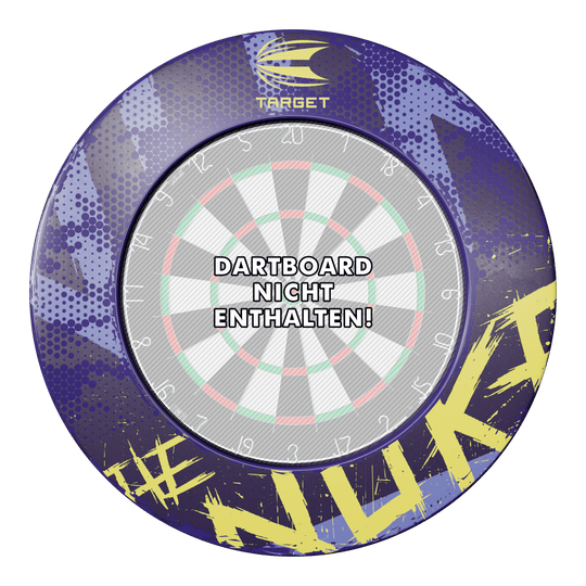 Das Bild zeigt das Produkt "Target Luke Littler The Nuke Dartboard Surround" in buntem Design. In der Mitte steht der Hinweis "Dartboard nicht enthalten!"