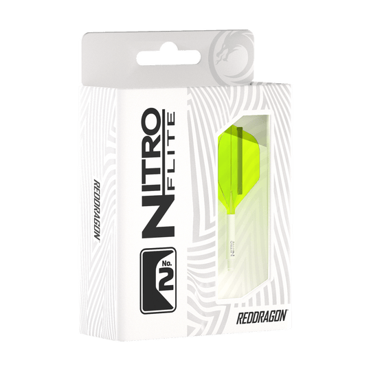 Red Dragon Nitroflite - White Shaft Yellow No2 Flights Die Abbildung zeigt eine Verpackung des Produkts "Red Dragon Nitroflite - White Shaft Yellow No2 Flights". In der Schachtel ist ein gelber Dart-Flügel mit weißem Schaft sichtbar.