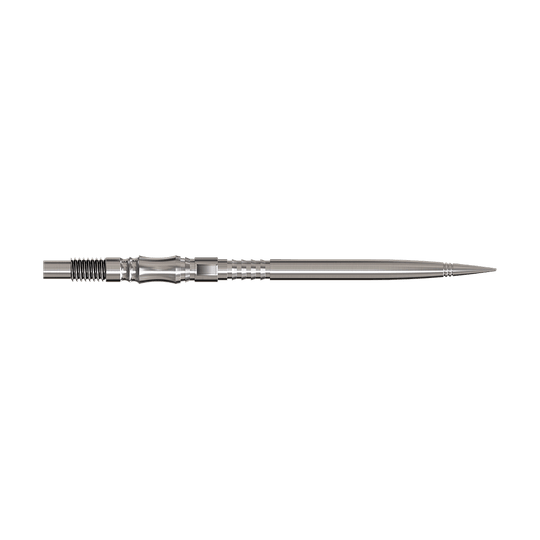 Harrows Quick Point Axis Elite Series Dartspitzen - Silber Axis Silver Elite Serie Dartspitzen in 40mm Länge werden gezeigt. Sie sind silberfarben und fein gearbeitet.