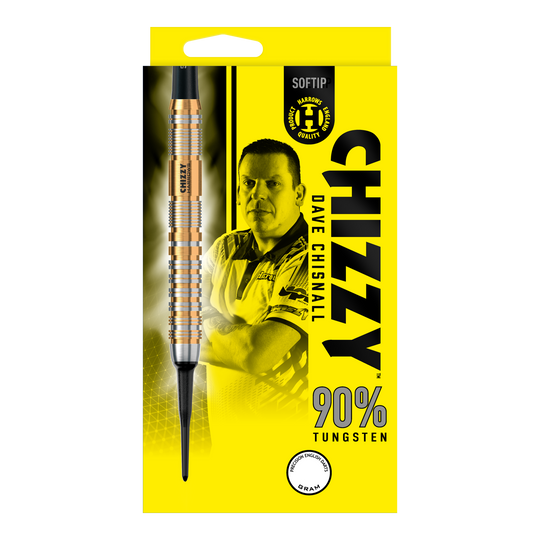 Harrow's Dave Chisnall Chizzy Series 2 soft darts Die Verpackung zeigt die "Harrows Dave Chisnall Chizzy Series 2 Softdarts" mit einem Bild von Dave Chisnall. Auf der gelben Schachtel steht, dass die Darts aus 90% Tungsten bestehen.