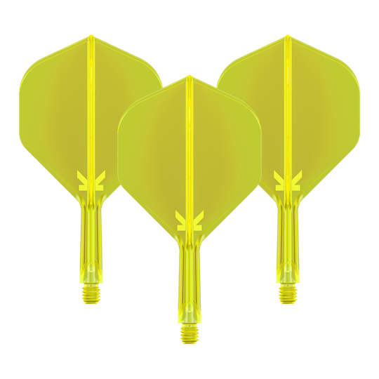 Abgebildet ist das Target K-Flex No2 Flight-System in Neon-Gelb, 19mm. Es handelt sich um ein Set Dart-Flights und -Shafts für den Dartsport.