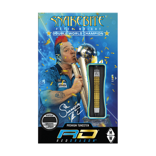 Das Bild zeigt die Verpackung der "Red Dragon Peter Wright Double World Champion SE Gold Plus Softdarts - 20g". Auf der Verpackung ist ein Bild von Peter Wright mit Pokal und einem goldfarbenen Dart abgebildet.