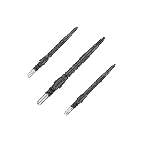Target Swiss Point Storm Surge Steel Dart Tips - Black Das Bild zeigt drei schwarze Steeldartspitzen, die parallel angeordnet sind. Sie haben eine metallische Aufnahme am hinteren Ende und eine strukturierte Oberfläche.