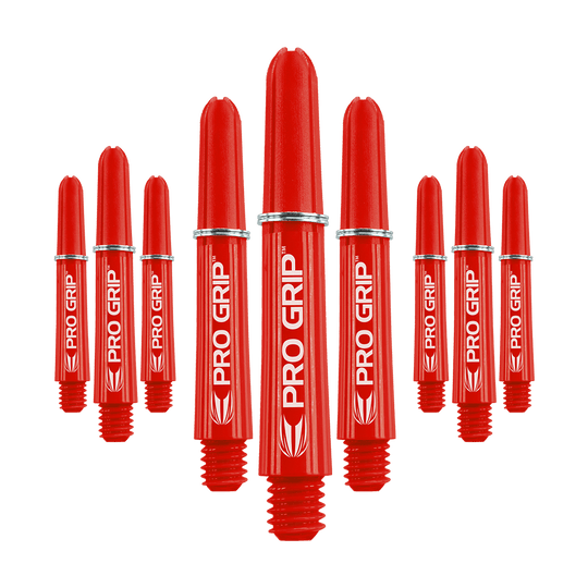 Target Pro Grip Shafts - 3 Sets - Red Das Bild zeigt neun rote Dart-Schäfte mit der Aufschrift "PRO GRIP". Sie sind in drei Gruppen angeordnet und haben ein auffälliges, glänzendes Design.