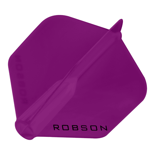 Das Bild zeigt ein violettes Dartflight mit sechseckiger Form. Auf dem Flight steht das Wort "ROBSON" in schwarzen Buchstaben.